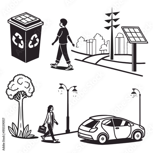 A city street with eco friendly infrastructure and transportation