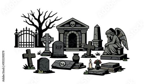 Graveyard illustration with gothic elements including cross headstones, an angel sculpture, iron gate, and autumn tree, depicting burial and loss
