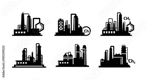 Industrial factory silhouettes with chemical formulas.
