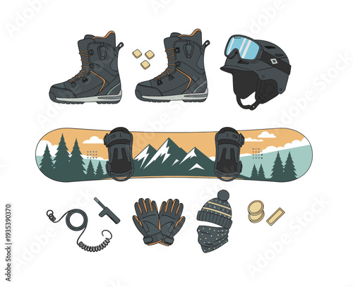 Snowboarding gear collection with essential items like boots, helmet, goggles, board, gloves, and hat