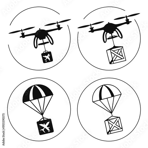 Aerial delivery methods using drones and parachutes are shown