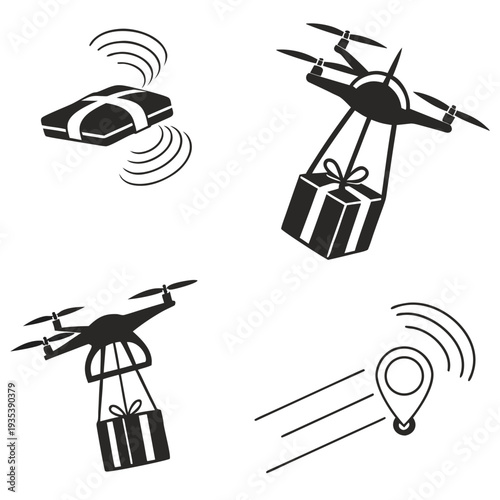 Drones flying with packages and a lightbulb