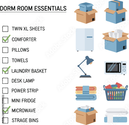A colorful illustration details essential dorm room items like bedding appliances and storage solutions on transparent background