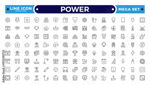 Power outline icon. Electricity icons set. Set of green energy thin line icons. Power-related icon set. Icons for renewable energy, green technology. Editable stroke outline icon.

