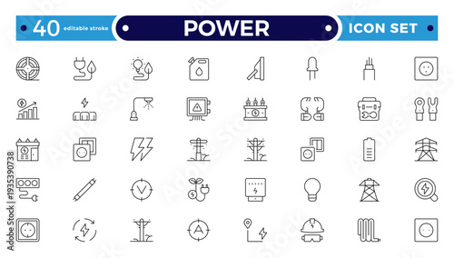 Power outline icon. Electricity icons set. Set of green energy thin line icons. Power-related icon set. Icons for renewable energy, green technology. Editable stroke outline icon.
