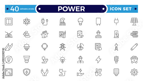 Power outline icon. Electricity icons set. Set of green energy thin line icons. Power-related icon set. Icons for renewable energy, green technology. Editable stroke outline icon.
