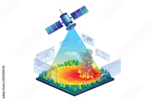 Satellite Monitoring Volcanic Eruption in Vibrant 3D Illustration with Gradient Colors for Environmental Science