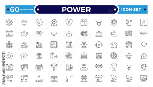 Power outline icon. Electricity icons set. Set of green energy thin line icons. Power-related icon set. Icons for renewable energy, green technology. Editable stroke outline icon.
