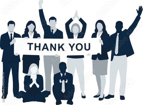 A group of diverse businesspeople celebrating with raised hands and the text thank you on transparent background