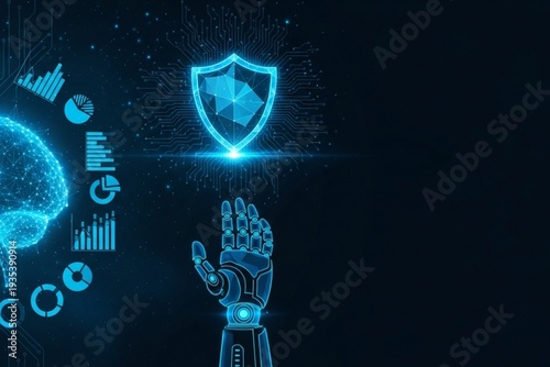 Advanced AI technology and data science concept, futuristic cyber security with digital padlock and circuit brain, robotic automation and neural network background for big data processing, 4k high qua