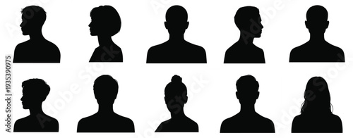 Diverse Collection of Black Human Head and Shoulder Silhouettes Keywords: silhouette, head, shoulder, profile, front view, male
