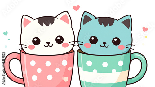 Cute cats in patterned coffee cups cartoon illustration with sweet love theme, kawaii animals, and playful pastel flat style