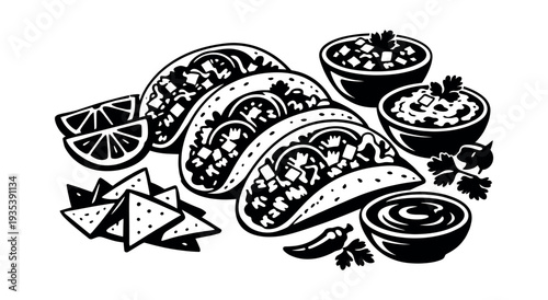 Tacos with toppings, tortilla chips, cilantro, sauces, and citrus slices representing a popular Latin American meal