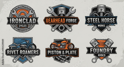 Collection of Vintage Motorcycle and Automotive Workshop Emblems.