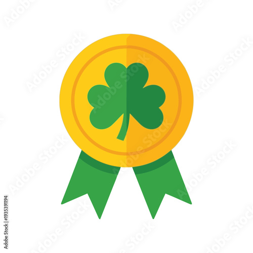 St. Patrick's Day Shamrock Award Ribbon Gold Medal Flat Vector Illustration