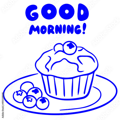 Breakfast doodle illustration with blueberry muffin on plate, blue hand drawn doodle style good morning concept
