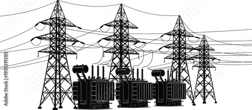 Electricity Substation Power Line Tower and Transformer Silhouette with High Voltage Cables Cad Drawing Flat Vector Illustration Isolated on White Background