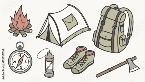 Camping Gear Icons Set Hiking Adventure Essentials Backpack Tent Fire Compass Boots Axe for Outdoor Travel Web Design