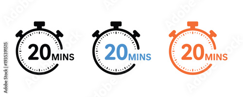Three colorful stopwatch icons showing 20 minutes in different colors