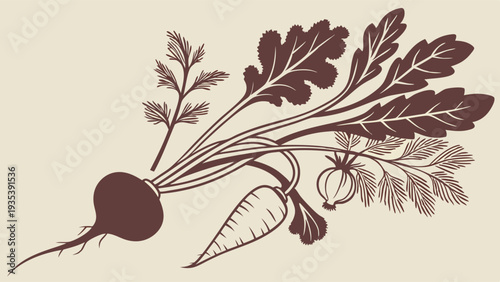 Rustic Engraved Root Vegetables Harvest Bouquet for Organic Farm Branding Menu Design Web Graphics