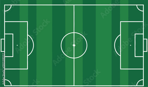 Detailed overhead view of a regulation soccer football field pitch layout for sports.