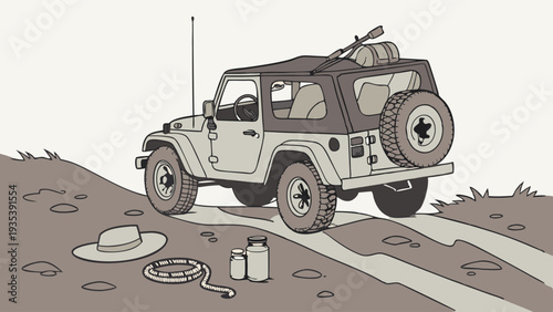 Off Road Adventure Jeep Packed for Wilderness Exploration Camping Trip Travel Illustration
