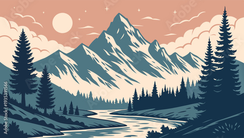 Majestic Snowy Mountain Range Over Forest River Landscape for Travel Brochures Outdoor Adventure Web Banners Calm Serene Vistas