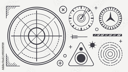 Vintage Radar Display Elements for UI Design Targeting System Interface Blueprint Abstract Technology Background