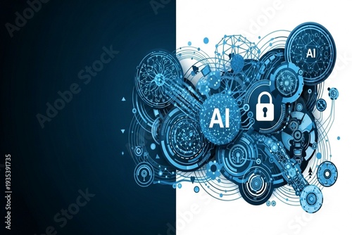 Advanced AI technology and data science concept, futuristic cyber security with digital padlock and circuit brain, robotic automation and neural network background for big data processing, 4k high qua