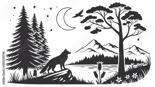 Lone Wolf Howling at Crescent Moon in Majestic Wilderness Landscape for Nature Branding and Adventure Travel Designs