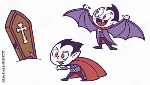 Cute Cartoon Vampire Kids Emerging From Coffin For Halloween Party Invitation Design Spooky Fun