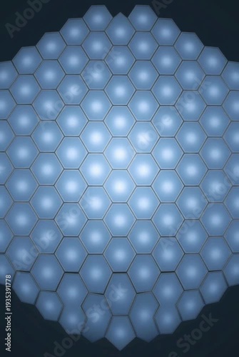 Hexagon light pattern with soft blue glow and reflective surface creating a futuristic and abstract background for technology or science