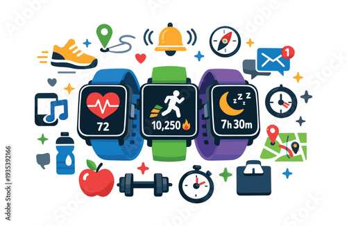 Smartwatches monitoring heart rate, steps, and sleep, surrounded by fitness, health, and navigation icons, representing modern lifestyle