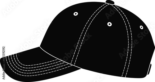 Baseball cap silhouette illustration with stitched details, classic casual headwear icon, adjustable sports hat design, minimalist black vector for fashion branding
