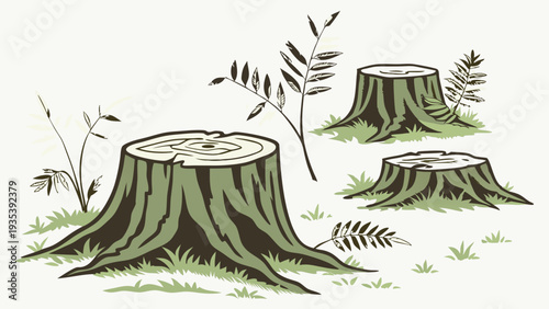 Deforestation Aftermath Illustration Logging Site with Tree Stumps and Ferns for Environmental Design Projects