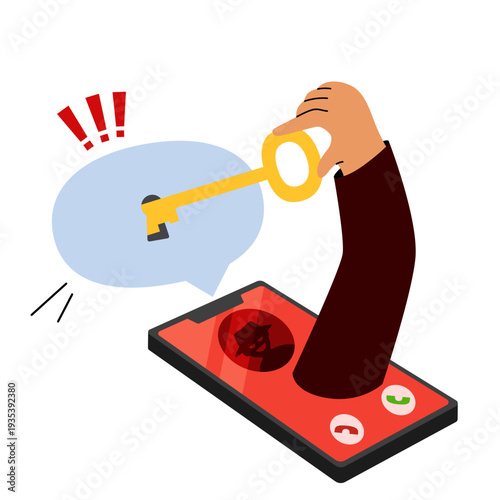 Illustration of a hand coming out of a smartphone holding a key, symbolizing hacking, data theft and cybersecurity threats.