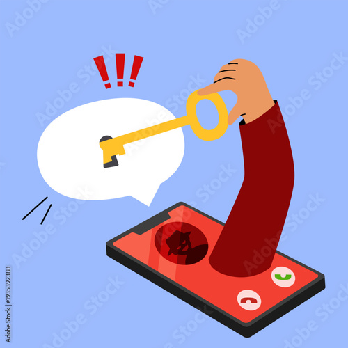Illustration of a hand coming out of a smartphone holding a key, symbolizing hacking, data theft and cybersecurity threats.
