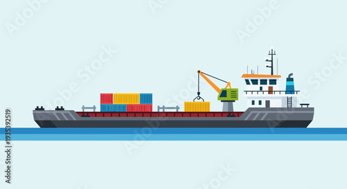Cargo ship with containers on the sea, loading and unloading goods with a crane.
