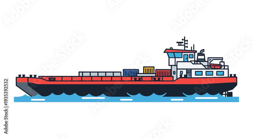 Cargo barge carrying containers on water, industrial transport illustration