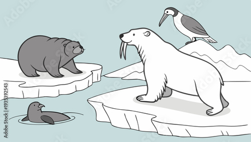 Arctic Wildlife Encounter Polar Bear Walrus Seal on Ice Floe for Nature Education Illustration Design