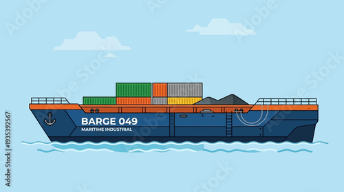Container barge carrying goods and coal on the water, maritime industrial transport