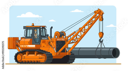 Construction excavator with crane lifting large pipe, industrial site, outdoor scene