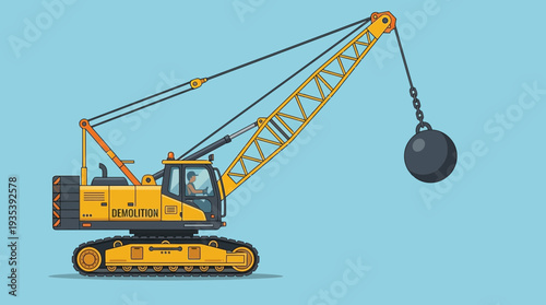 Demolition Crane with Wrecking Ball Icon on Blue Background
