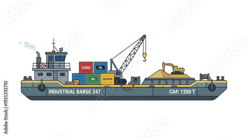 Industrial barge with cargo containers and crane, isolated on white background.