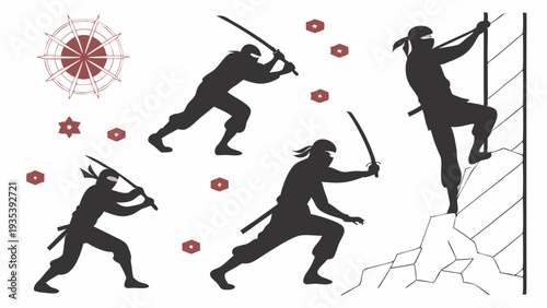 Silhouettes of Stealthy Ninja Warriors Climbing and Fighting with Swords for Action Game Design or Martial Arts Promotion