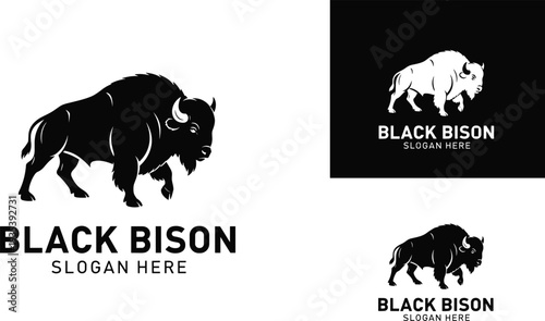 Black bison logo vector illustration featuring powerful buffalo silhouette, strong wildlife mascot design for brand identity, ranch emblem, outdoor company logo and animal symbol.