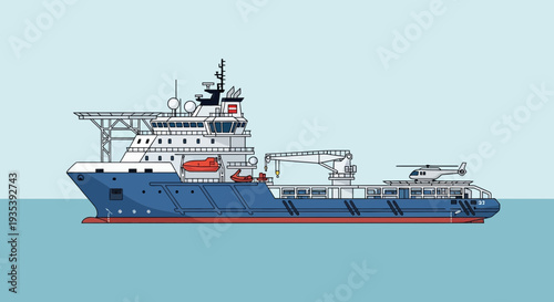 Modern offshore support vessel with helicopter deck and crane