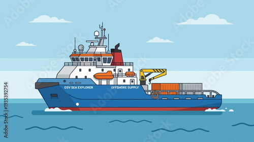 Offshore supply vessel sailing at sea with containers and crane