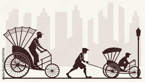 Silhouette Rickshaw Pullers Transporting Passengers Through Busy Cityscape for Travel Logistics or Urban Transportation Design