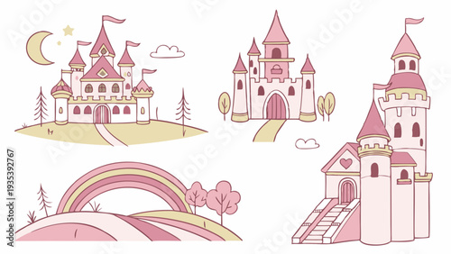 Pink Princess Castle Illustrations for Kids Birthday Party Invitations Fairytale Background Web Design Cute Fantasy Landscape Elements